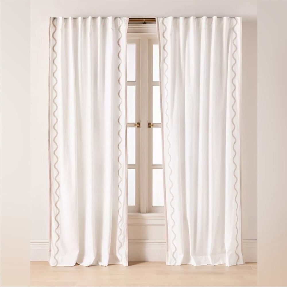 Anthropologie Embroidered Cotton Scalloped Border Curtains